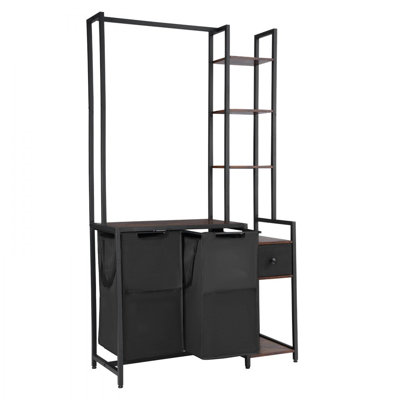 Trieur de linge à 3 niveaux avec support, grand panier à linge avec tablettes et tiroirs, support de rangement suspendu autoportant à 2 sections avec sacs en tissu Oxford 600D et étagères pour vêtements sales