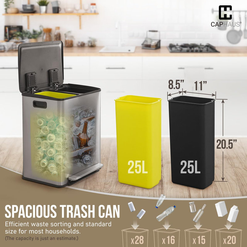 Poubelle double 2 x 6,6 gallons avec couvercle simple CAPHAUS, 2 compartiments, noir / argent, Argent argent, 13,2 gallons