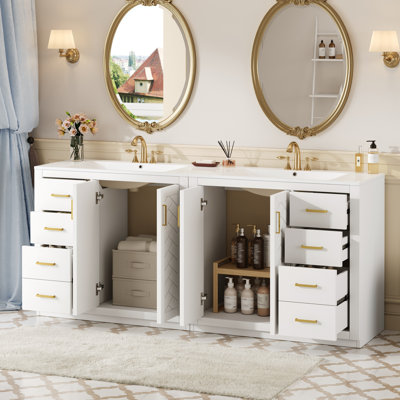  Meuble-lavabo 72 po avec lavabo en céramique, armoire à cadre en bois massif avec portes coulissantes à fermeture en douceur
