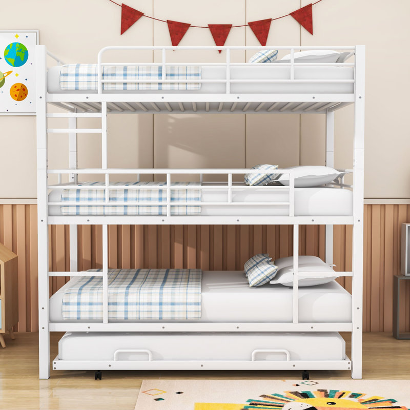 Metal Twin Triple Bunk Bed With Trundle, White