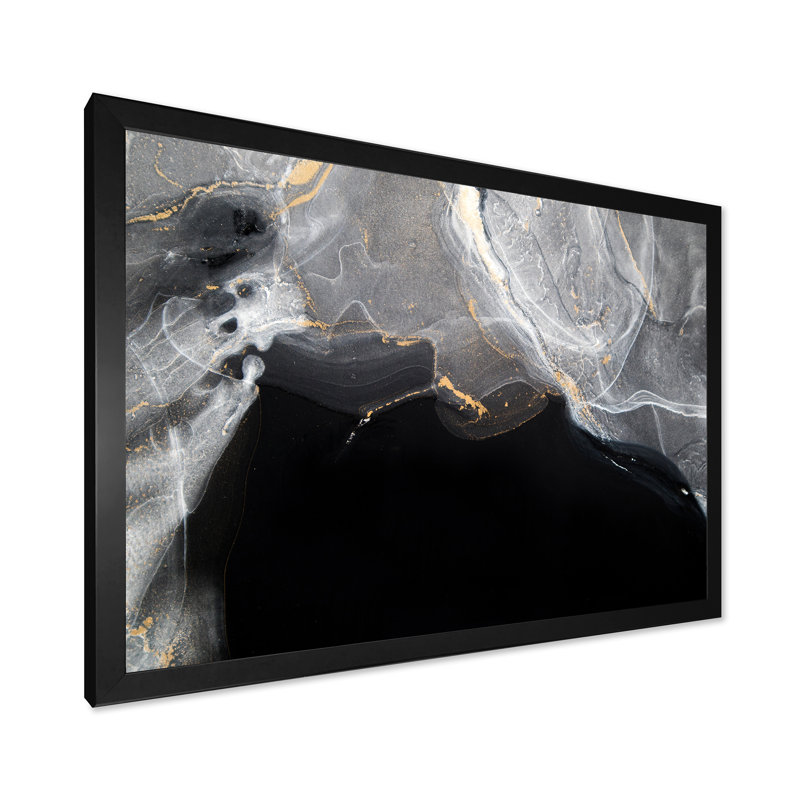Marbre noir et gris Gloden, ondulations d'art II - œuvre d'art moderne sur toile, Toile avec cadre noir