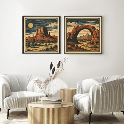 «Desert Mountain Arch and Canyon Landscape», reproduction d'art rétro sur toile encadrée de style sud-ouest, 2 pièces