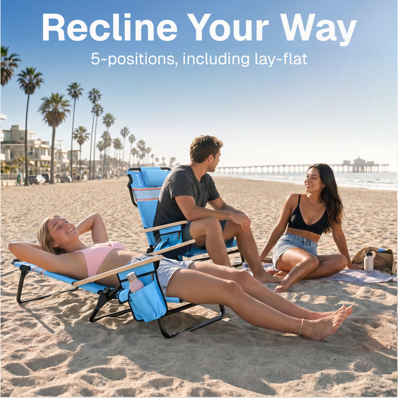  Premium Reclining Beach Chairs - Portable Lay Flat Folding Beach Chair for Adults - Includes Shoulder Backpack Strap, Pillow, 2 Pockets, and Cup Holder - Baja