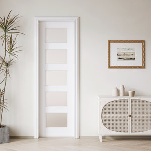 Frosted Glass 5-Lite Sliding Pocket Door White Standard Door with Hardware Kit Set