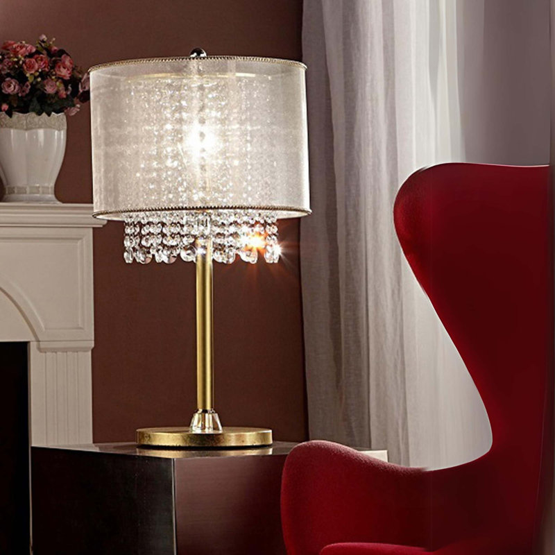 Grande lampe de table 30 "en métal" Bhavya "avec finition dorée, abat-jour blanc