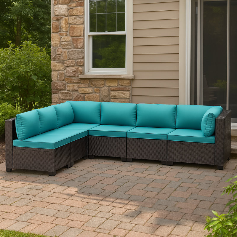 6-Piece All-Weather HDPE Wicker L-Shaped Patio Sectional Sofa Set With Cushions, Green