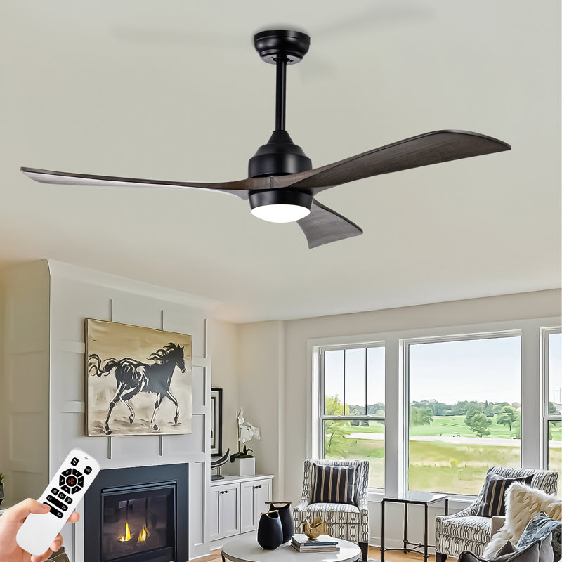 Ventilateur de plafond en bois massif 52 po avec lumières DEL, Noir mat avec pales noires