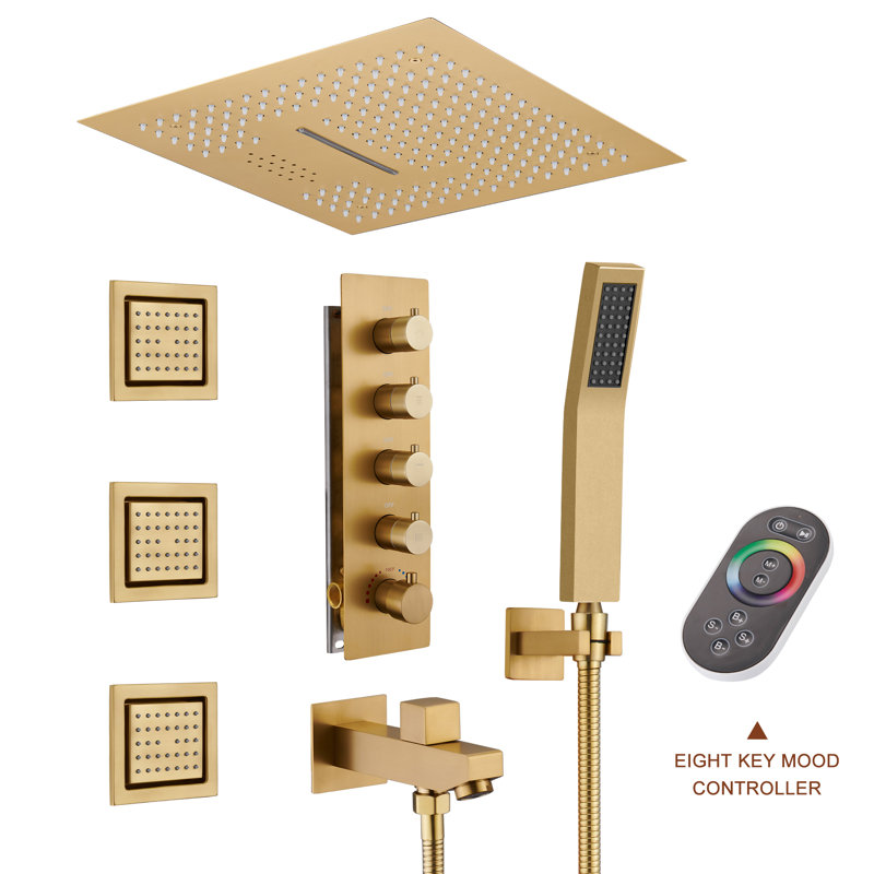 Brushed Gold LED Rain Shower System with Bluetooth Speaker