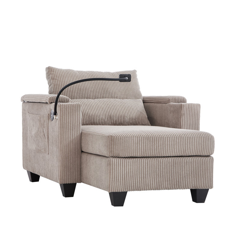 Chaise longue en velours côtelé Alice avec porte-gobelets, USB et rangement, Brun