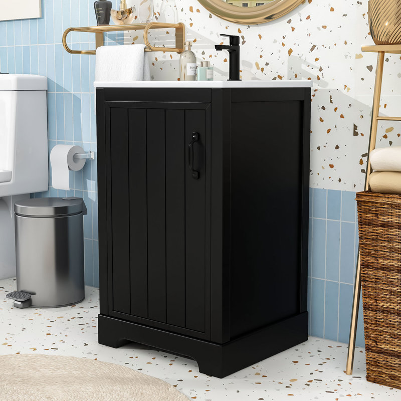 Meuble-lavabo contemporain simple avec lavabo en céramique, porte à fermeture douce et support de rangement, Noir