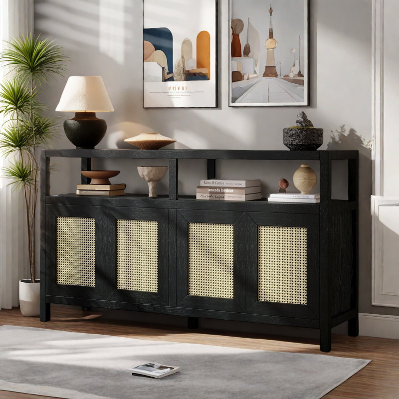 Bohemian Style Sideboard With 3-position Adjustable Shelves, Handwoven Rattan Doors And Open Shelves, No-handle Design, Black