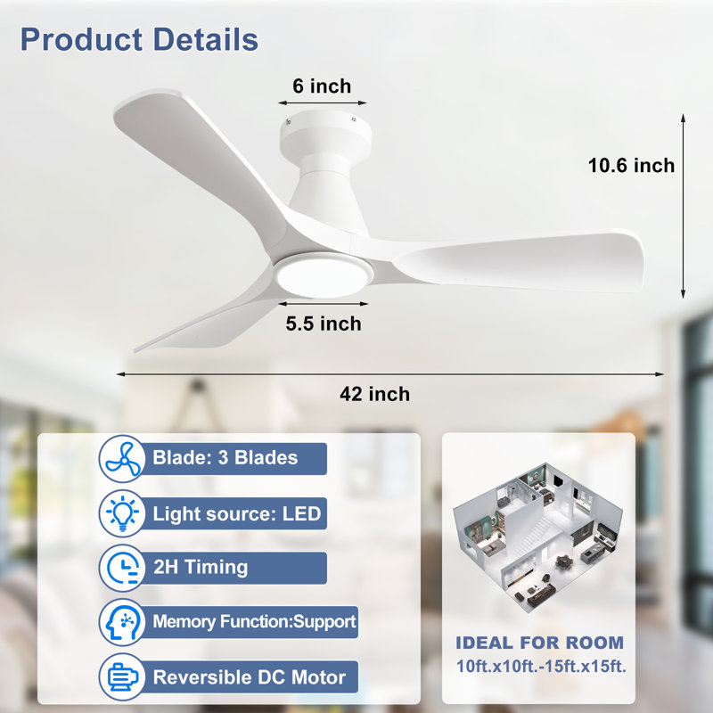 Ventilateur de plafond encastré à profil bas, blanc, 3 pales, 42 pouces, avec éclairage et télécommande ; ventilateur intérieur/extérieur à intensité variable avec télécommande et moteur CC silencieux et minuterie.