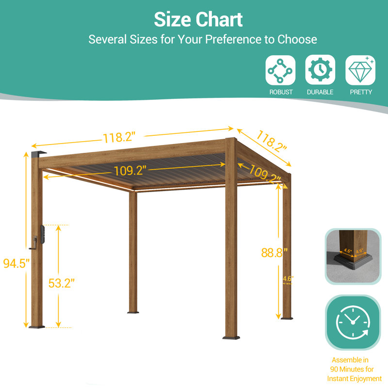Outdoor Aluminum Pergola with Adjustable Louvered Roof and Solar LED Lights, Wood Grain, 10 ft x 10 ft