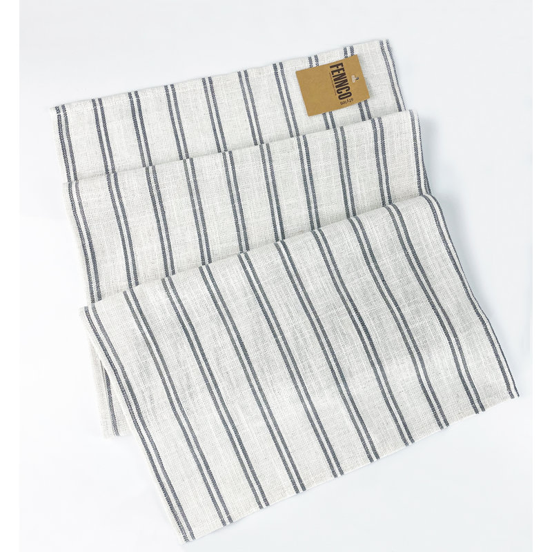 Beige-white Modern Striped Linen Blend Table Runner, 54" x 16", Gray/White