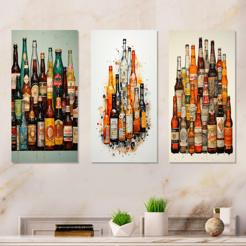Collage de bouteilles de bière, H 28 po x l 36 po, Toile tendue