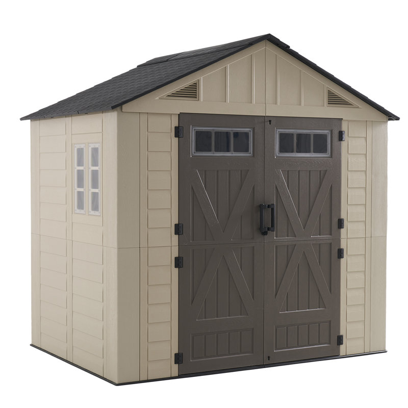 Abri de jardin en résine de 2,4 m x 1,8 m avec plancher renforcé et structure en acier, 8 pi x 6 pi