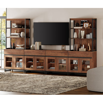Modern TV Stand With 3 Tiers Bookshelf, Farmhouse Entertainment Center With 4 Drawers And Adjustable Shelf, Wooden Media TV Console With Glass Doors For Living Room