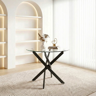 Table de salle à manger ronde, table de salle à manger en verre de 35,5 po avec pieds noirs, table de cuisine moderne pour la maison, salle à manger