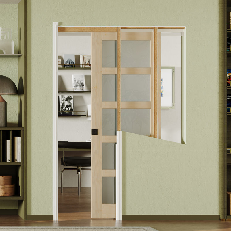 Ensemble de quincaillerie de porte en bois de pin massif givré avec porte coulissante 5 pièces, 28 po x 80 po