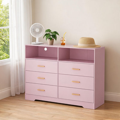 6 Drawer Wooden Dressers for Bedroom with Charging Station & Open Shelf, White Wood Chest of Drawers with Deep Drawers, 47" Wide Modern TV Stand Stora
