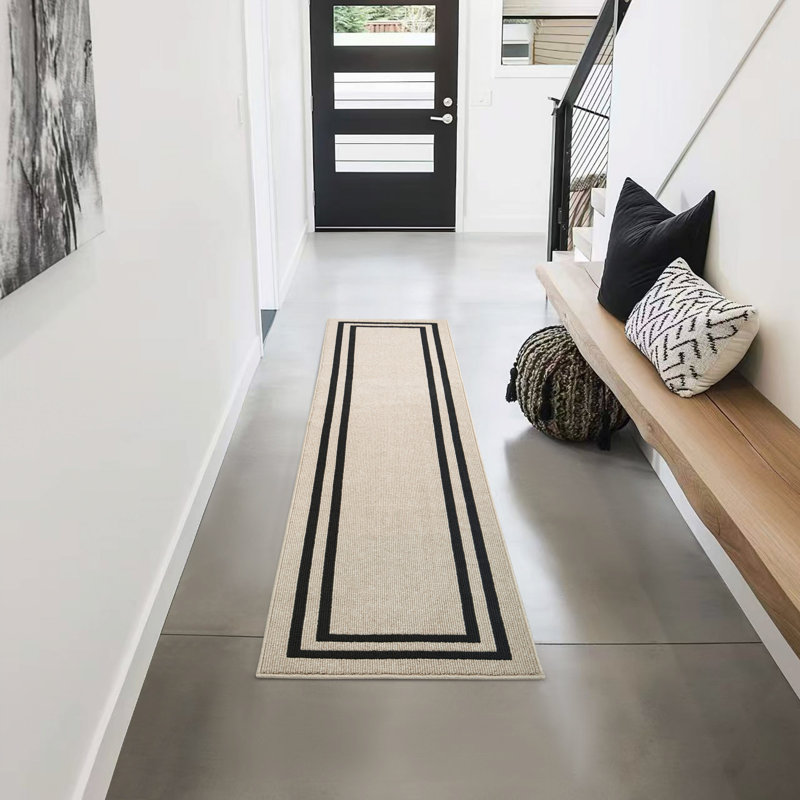 Double Border Machine Tufted Performance Natural Twist/Black Rug, Rectangle 2'2" x 8'
