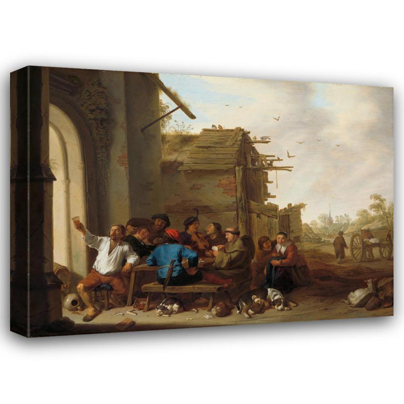 "Chiffres avant une auberge de village" par Cornelia Saftleven - Art mural sur toile tendue avec châssis, H 18 po x l 14 po