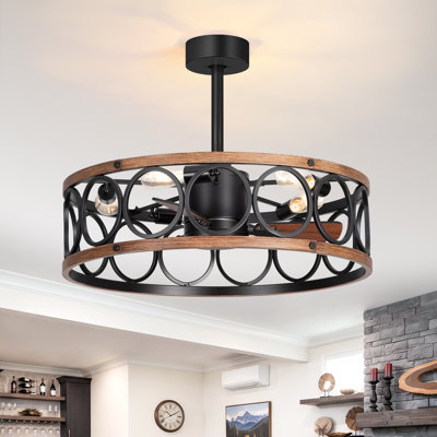 28" Industrial Farmhouse Caged Ceiling Fan with Light and Remote Control, 3-Blade Reversible DC Motor, 5-Light E26 Fandelier, Black/Wood Grain