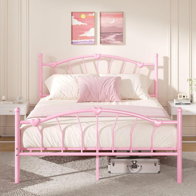 Metal Bed Frame,Heart-Shaped Decorative Headboard and Footboard, Heavy Duty Metal Slat Support by Winston Porter