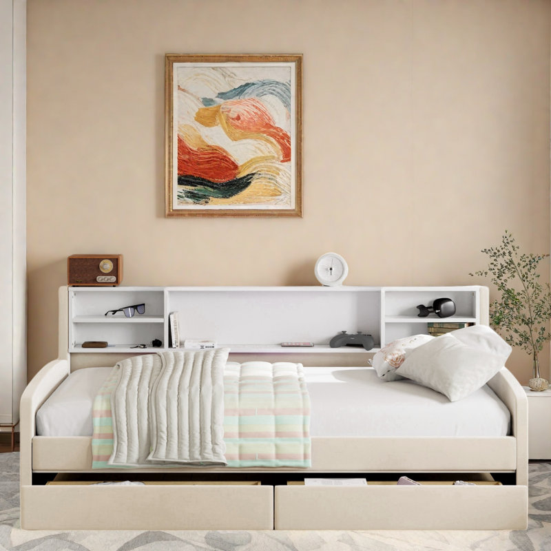 Lit de jour rembourré avec tablettes de rangement et 2 tiroirs, Beige