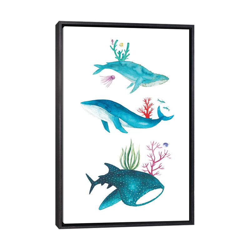 Créatures de l'océan - impression, Pas de tapis, H 40 po x l 26 po x P 1,5 po, Toile avec cadre noir patiné