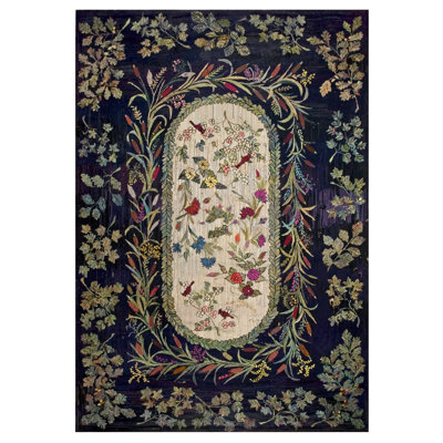 Blue Early 20th Century Antique Room Size Floral Inlay Pattern American Folk Art Hooked Rug