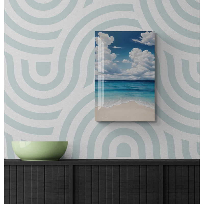 Art mural de paysage de plage en verre trempé avec mer bleue et nuages blancs, impression sur verre, H 35,5 po x l 23,5 po