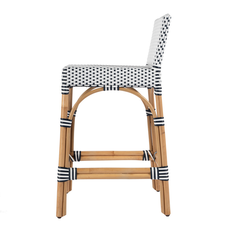 Serienna Blue & White Rattan Low Back Counter Stool, White/Navy Dot, Counter Stool 24" Seat Height