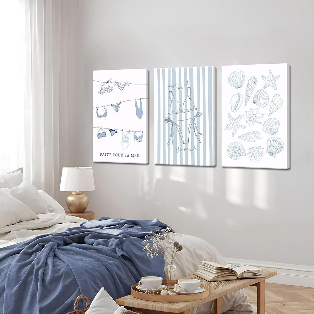 Trendy Coastal Canvas Wall Art Set Of 3, Blue Bikini Granddaughter Room Wall Decor Paintings, Preppy Coastal Shell Dorm Posters Prints Pictures For Li