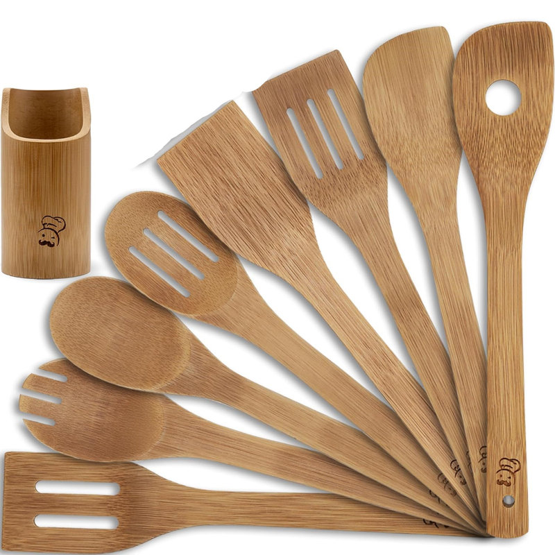 Ensemble d'ustensiles de cuisine en bois non toxique 8 pièces avec porte-ustensiles 8 pièces
