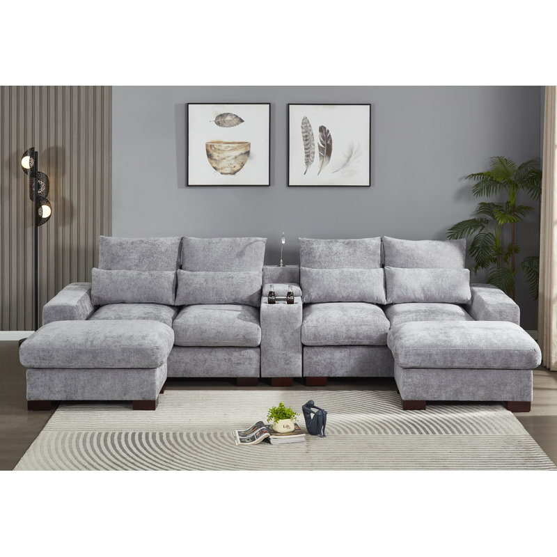 131.5” W Oversized 6-seater Composable Modular Sofa With Cupholder Console  With Usb Port And 2 Ottomans, Light Gray Chenille
