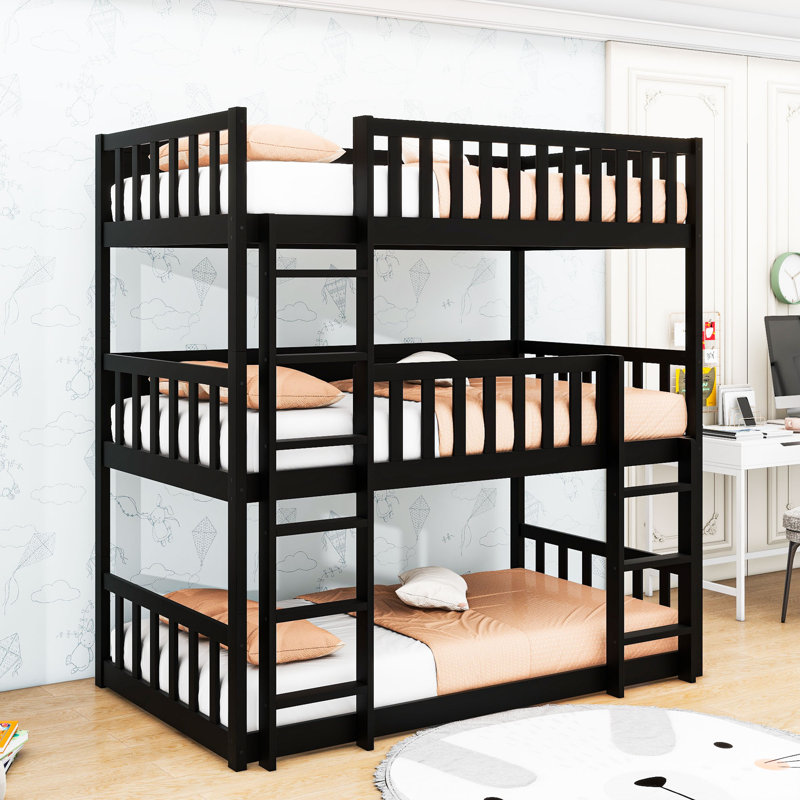 Lit superposé détachable polyvalent simple au-dessus d'un lit simple avec garde-corps et échelles Kawtar, Noir