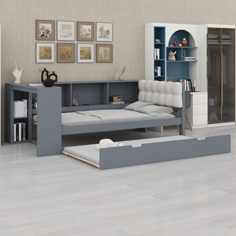 Multi-Functional Platform Bed with Shelves, Trundle and Comfortable Upholstered Headboard, Gray, Twin