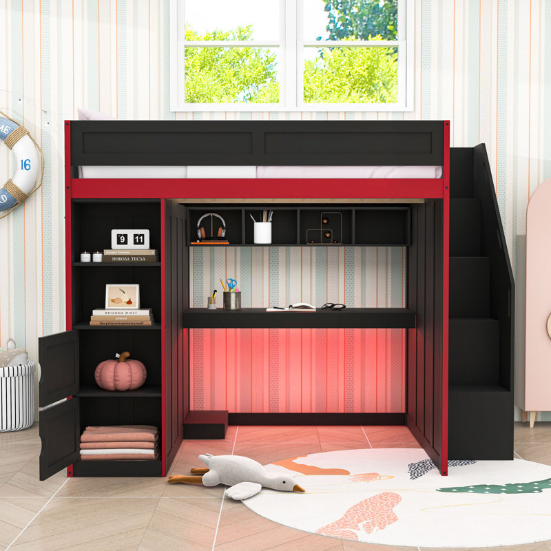 Lit mezzanine double avec bureau, garde-robe, tablettes et bande lumineuse à DEL, Double