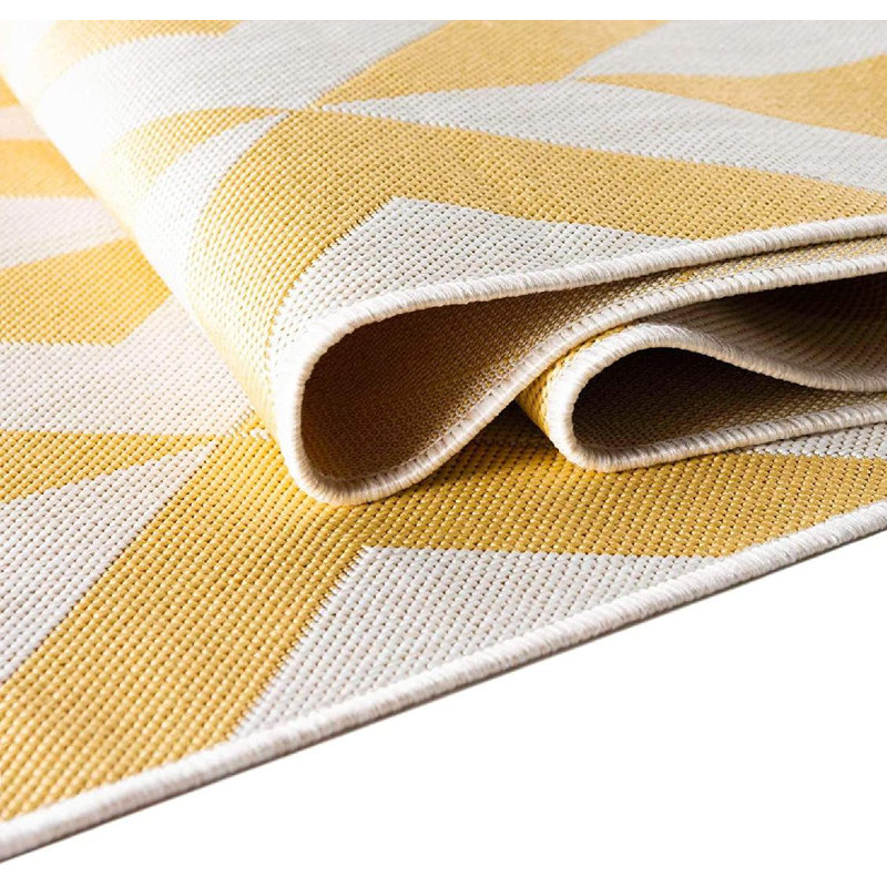Tapis intérieur / extérieur en polypropylène tissé à la machine géométrique jaune / ivoire, Rectangle 3 pi x 5 pi
