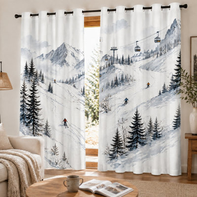 Ensemble de 2 rideaux occultants à motif de piste de ski, paysage de montagne pittoresque, imprimé station de ski confortable, à œillets, isolants thermiques et occultants pour la décoration du salon et de la chambre à coucher.