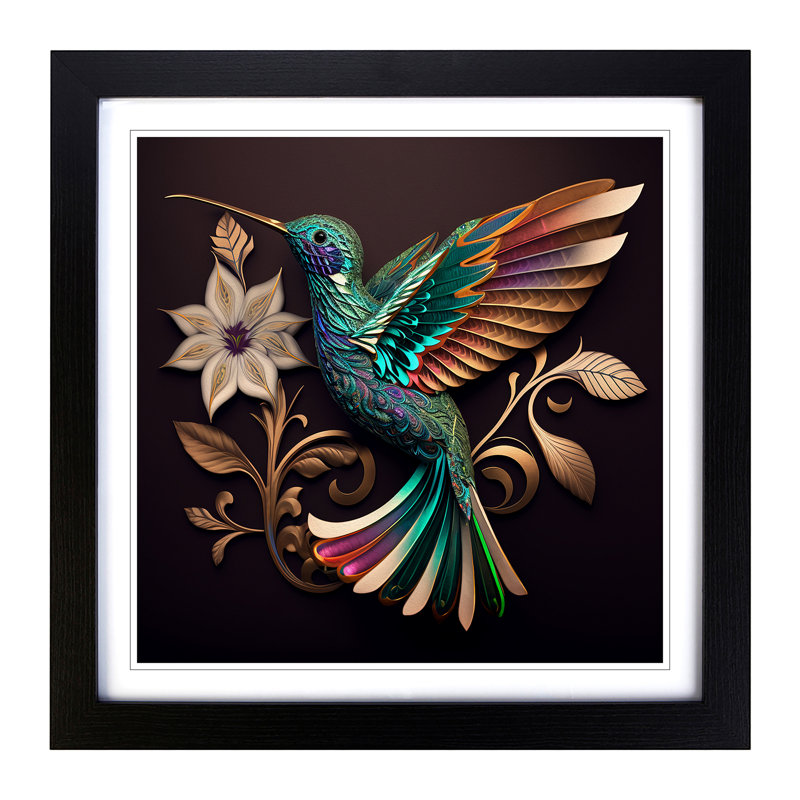 Hummingbird Ornamental - Single Picture Frame Print on Wood, Black