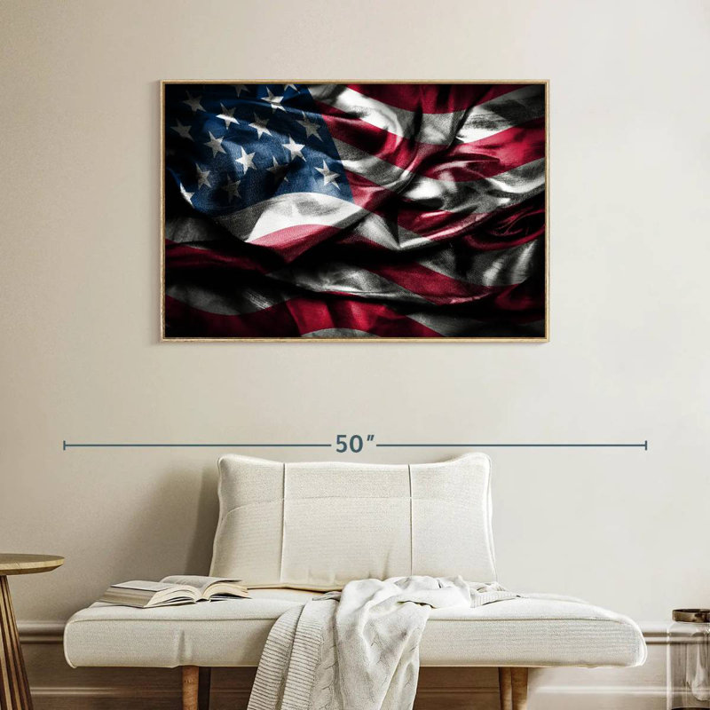Waving American Flag, Floating Frame Natural Wood, 43" X 29"