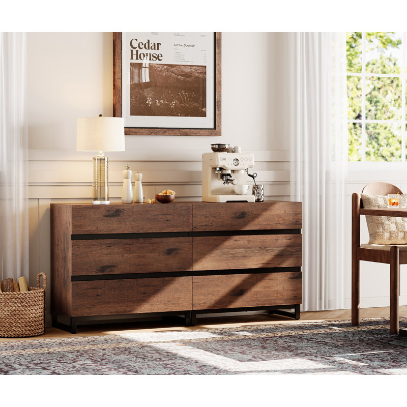 Modern Wooden Dresser For Bedroom Or Living Room, Closet Organizer With 6 Spacious Drawers, Metal Base Chest Of Drawers, Brown