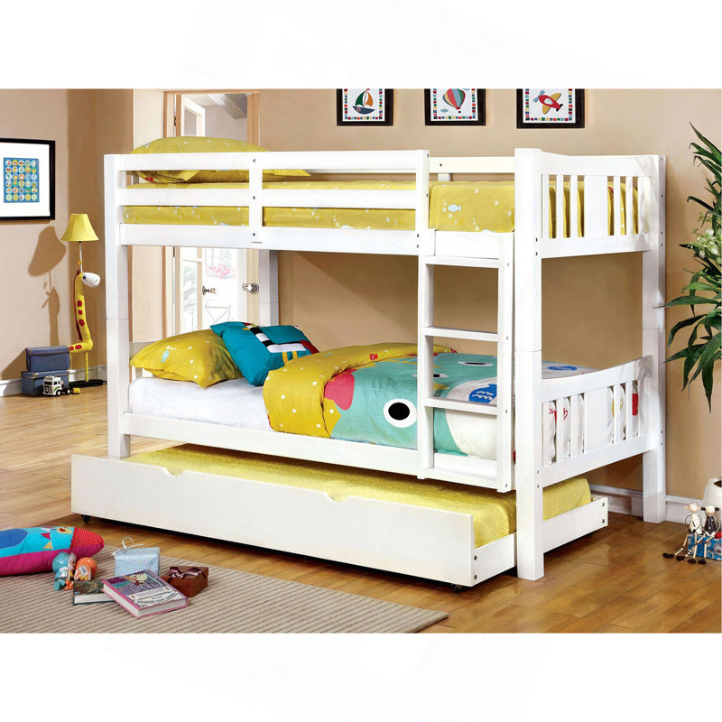 Lit superposé en bois de style transitionnel au dessus d'un lit simple attaché au pied de lit avec échelle et joint à verrou et couchette blanche - non inclus