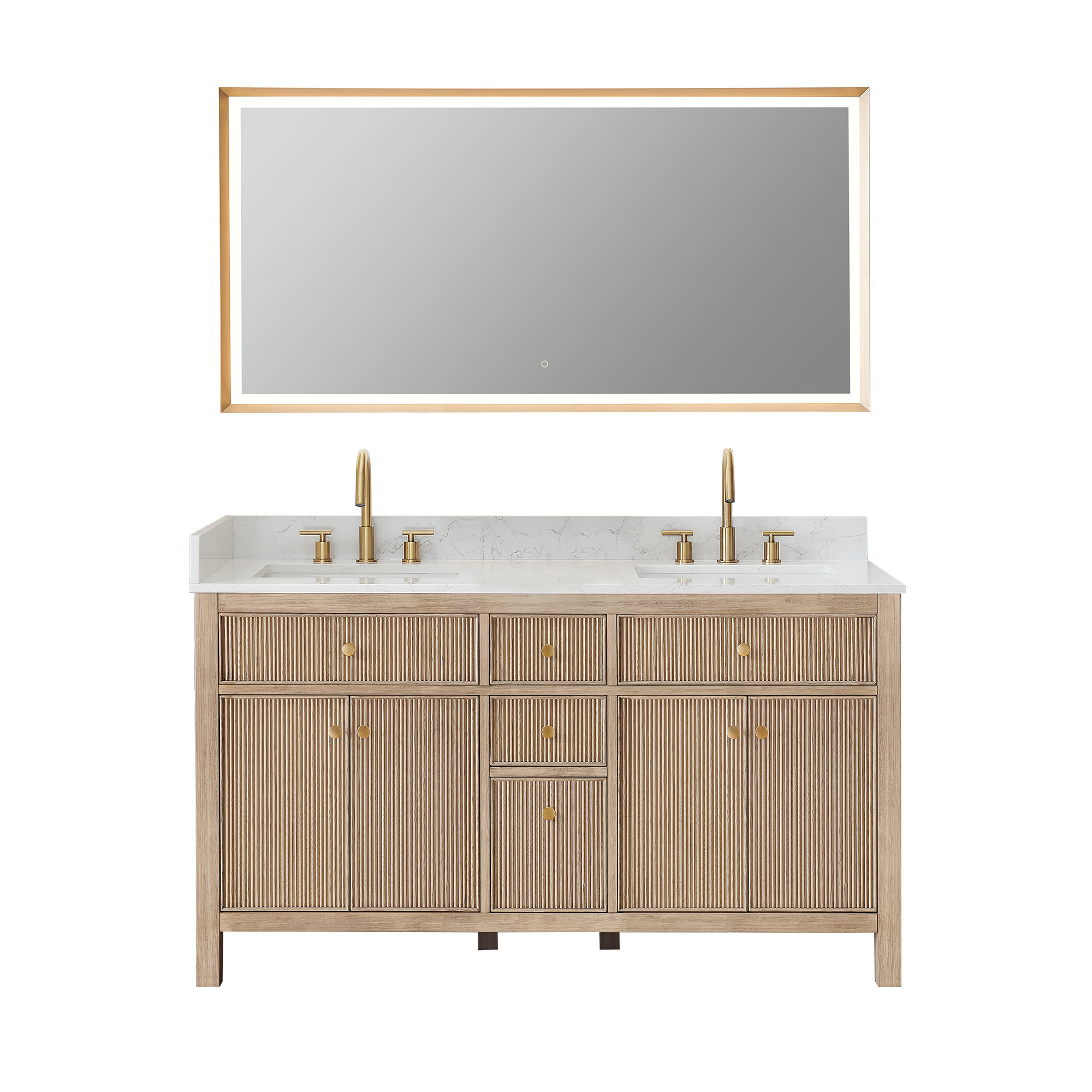 Lala 60" Double Bathroom Vanity with Grain White Engineered Stone Countertop with Mirror, Nature Oak