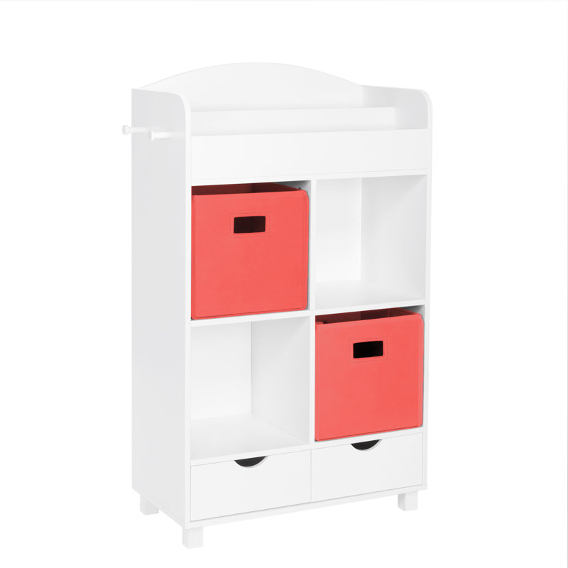 White and Coral Kids' Cubby Bookshelf with Storage Bins
