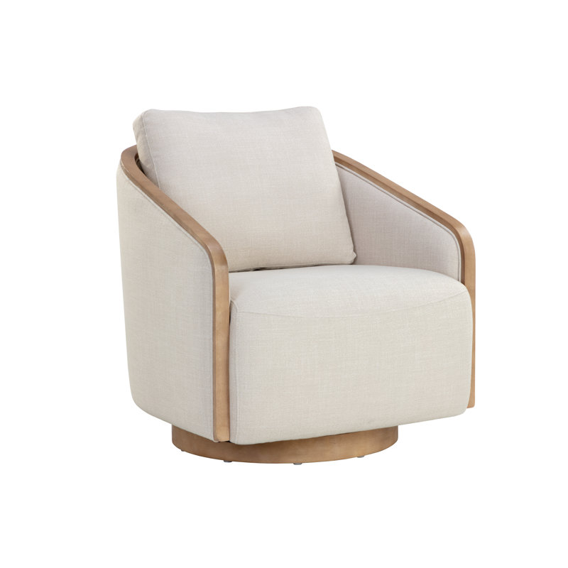 Swivel Lounge Chair, Cream Polyester, Light Brown