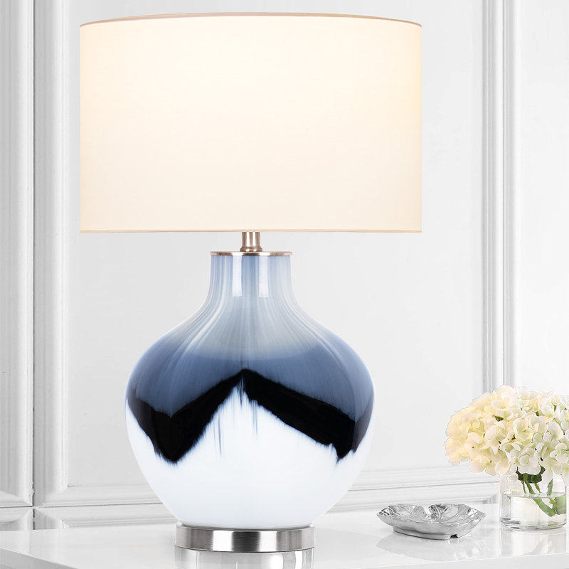 25.5" Large Ceramic Bedside Table Lamp, Ceramic Living Room Lamp, White Ink Bedside Lamp With Round Linen Lampshade, Modern Bedroom Lamp