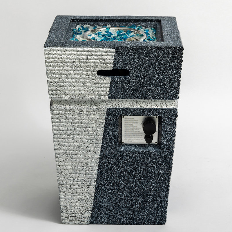 Concrete Fire Pit Column - Propane Gas For Patio, Adjustable Flame, 2.2Inch Bowl Depth, Includes Rain Cover & Mixed Color Glass Rocks Patio 29.1In Height, Blue, 40000Btu Heat Output, With